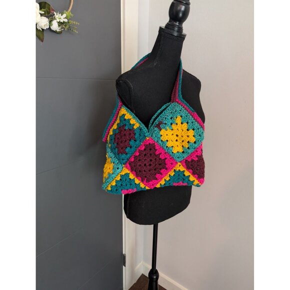Handmade Multicolor Crochet Granny Square Lined Tote Bag With Patchwork Design - Picture 3 of 9